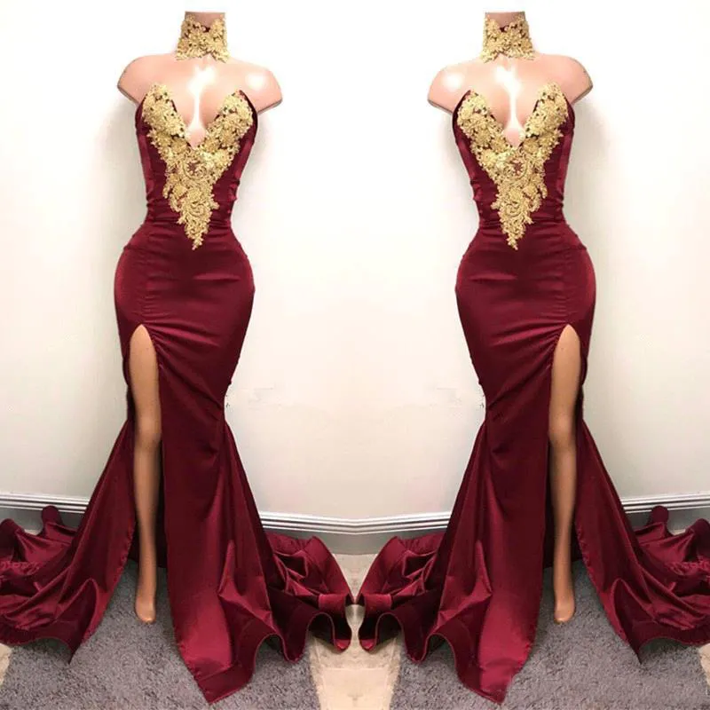 Nuovo design 2K18 Abiti da ballo sexy bordeaux con spacco frontale a sirena con applicazioni in pizzo dorato per abiti da sera lunghi da sera 2018