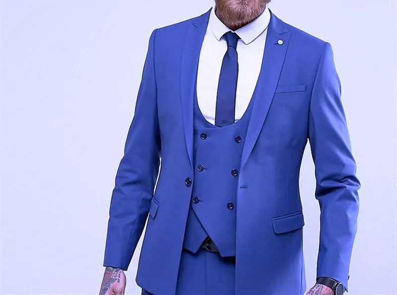 Royal Blue Three Piece Groom Tuxedos Peak Lapel One Button Man Wedding Suit Excellent Men Business Dinner Prom Blazer(Jacket+Pants+Tie+Vest)