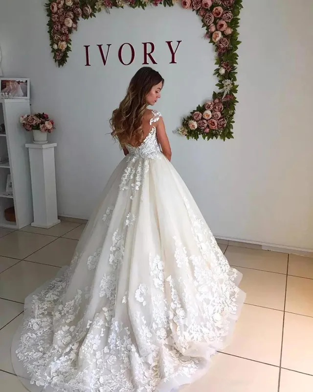 2018 robes de mariée arabe pure cou dentelle 3D floral appliques perles mancherons dos nu balayage train robes plus la taille robes de mariée formelles