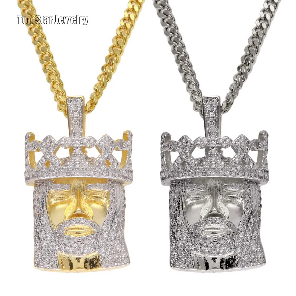 Nyaste Style Toppkvalitet Koppar Micro-Inserts Cubic Zirconia Crown King Pendant Halsband Kubansk kedja för Hip Hop Rapper Tillbehör