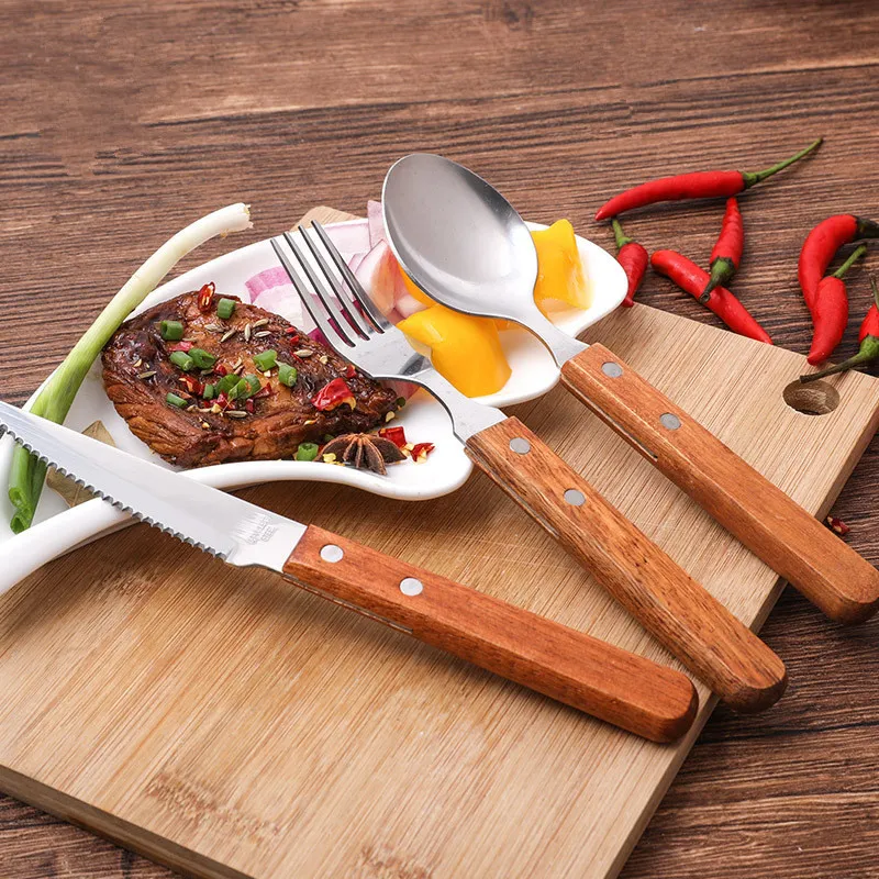 3 unids/set juego de vajilla con mango de madera cuchillo de acero inoxidable tenedor vajilla cubiertos comida occidental europea LZ0829