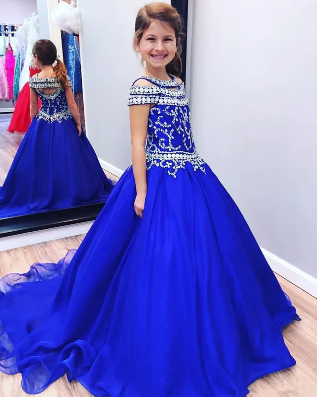 Cristalli Abiti da spettacolo per bambine Blu royal Cristalli Glitz Abiti da festa di compleanno per ragazze Abiti da ballo formali per bambini Sweep Trai268c