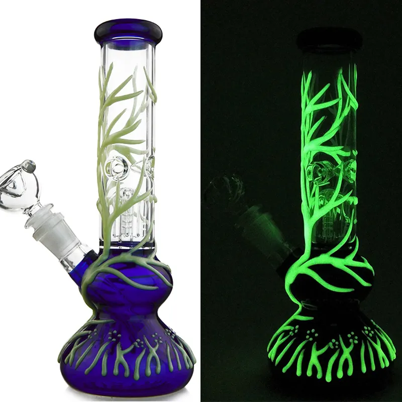 Glow in the Dark Glass Bong Ice Catcher Glass Water Pipes With Rechte Perc Glitter Stripes Covered Glass DAB Rigs GID01