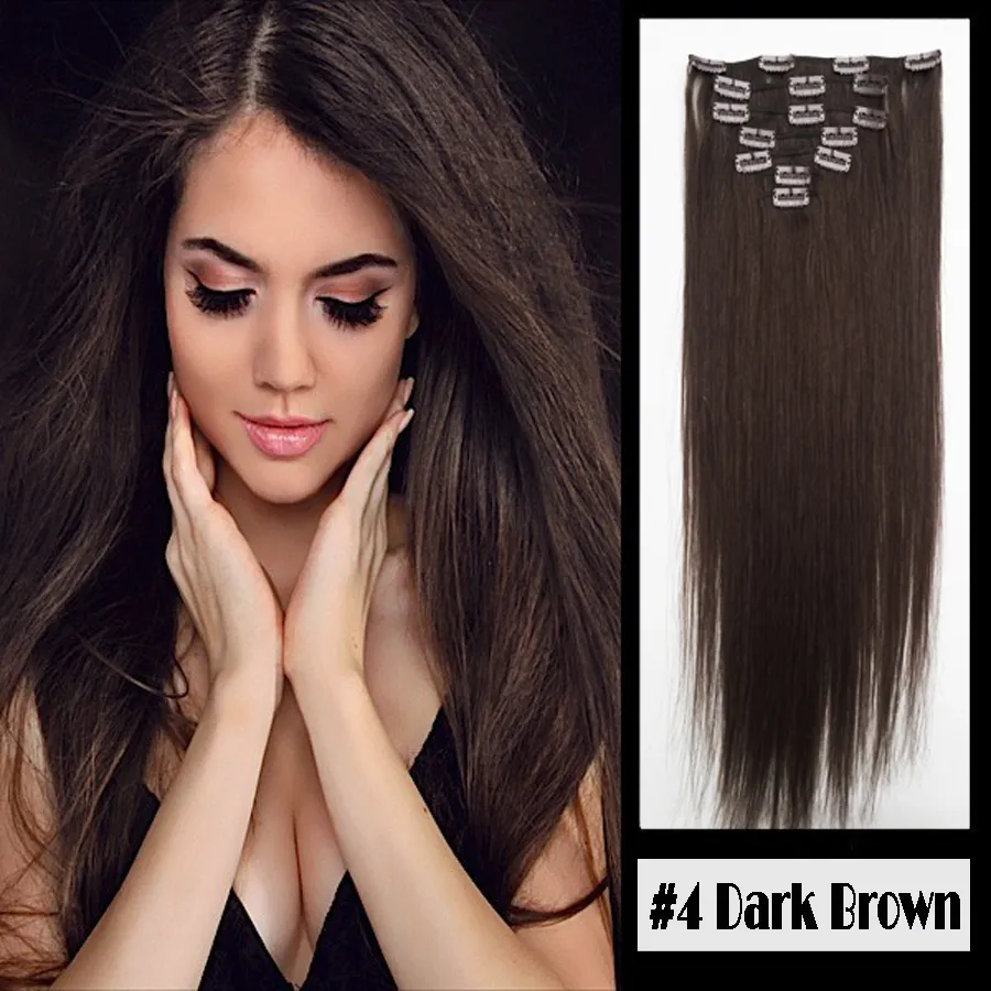 Full Head Blond Black #4 Dark Brown Clip in Human Hair Extensions Silky Straight 100g Brazilian Malaysian Indian Remy Hair 10" - 24"