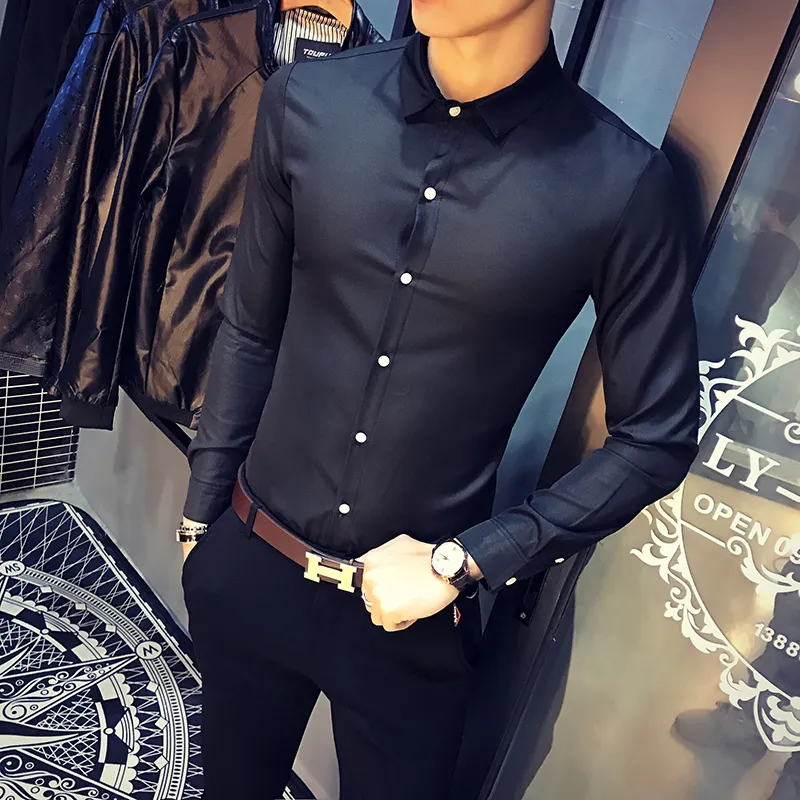 Designer de moda homens camisa casual 2018 primavera smoking camisa masculina respirável elástico magro ajuste longa manga noite club vestido vestido