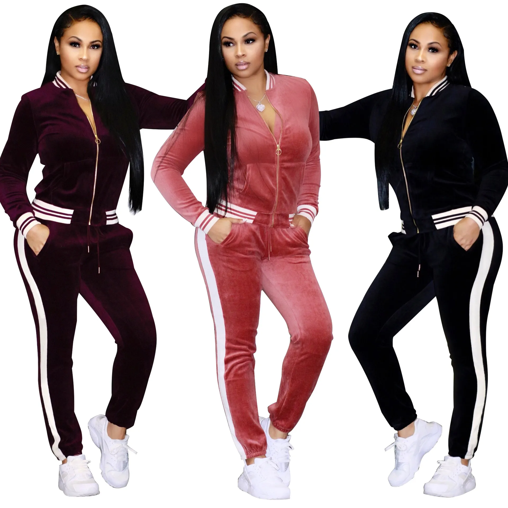 Mulheres Tamanho Grande Esporte carrinho do desgaste Collar Fatos Sexy Women Casual Suit Zipper pulôver Com Pant Jogging 2pc Set