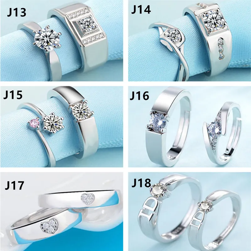 32 Designs Couple Rings Adjustable Lovers Rings 925 Silver Feather Heart Crown Cross Cubic Zirconia Rings