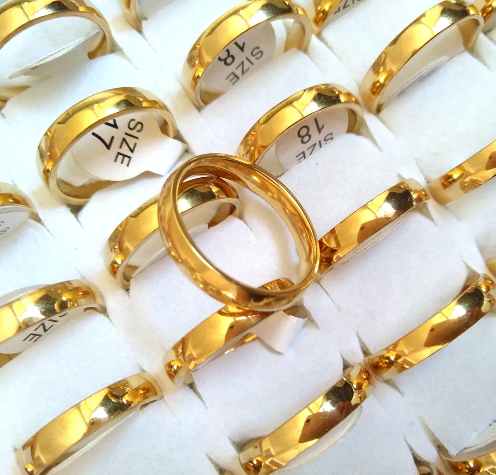 50pcs Gold 4mm Wedding Engagement Rings Men Women 316L Stainless Steel Plain Band Finger Rings High Quality Comfort-fit Lovers Couples Ring