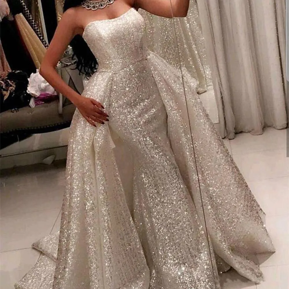 Chic Sequined Mermaid Silver Sequin Prom Dress With Detachable Overlay Skirt And Bling Blings Sleeveless Strapless Formal Evening Gown From Lindaxu90 156.52 DHgate.Com