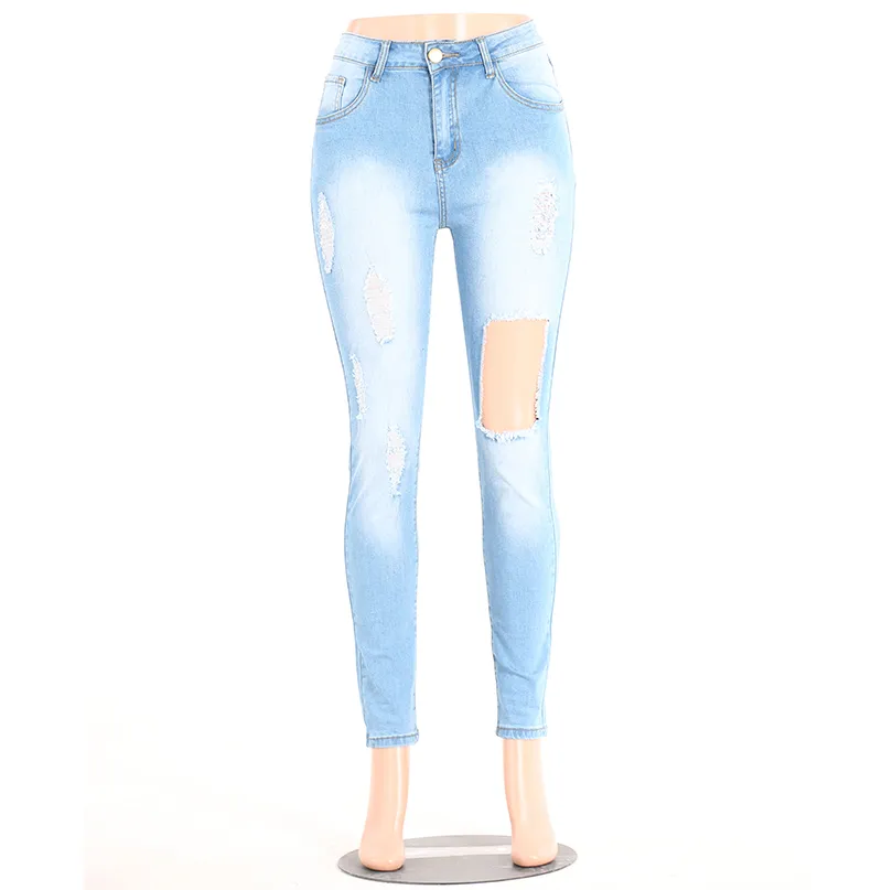 women skinny ripped holes jeans push up middle waist pants ladies casual slim fit long pants female trousers