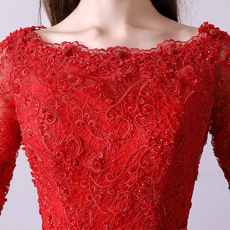 Sexy Lace Cocktail Vestidos Escuro Vermelho, Vermelho, Cocktail, Royal Azul Applique Beads Scoop Três Quarter Sleeves Zipper Back Chea Comprimento Do Chá Dress