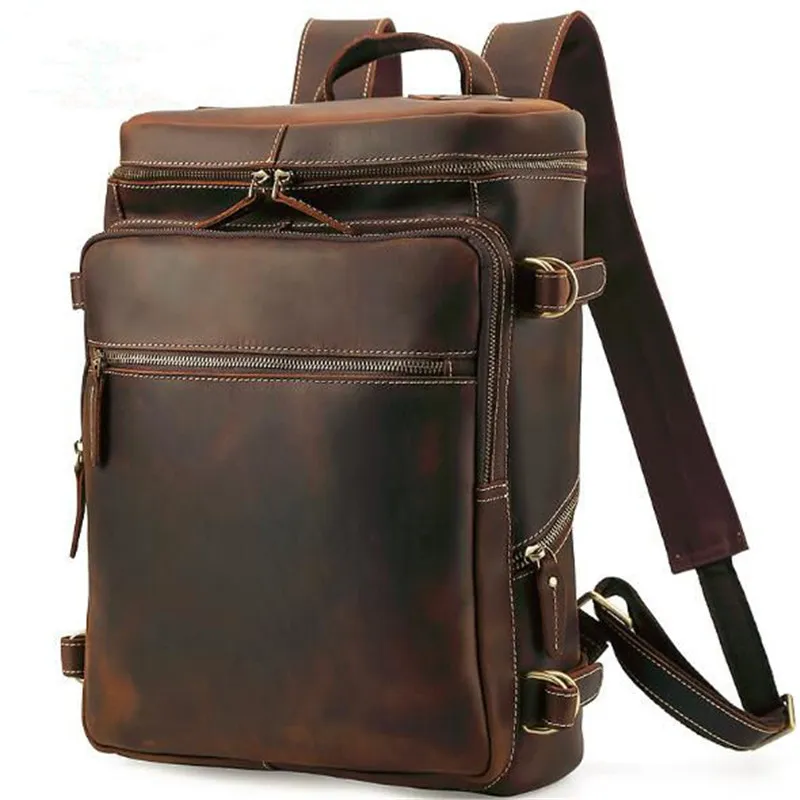 16-Zoll-Rucksack aus vollnarbigem Echtleder für Herren, lässiger Rucksack, Vintage-Rucksack aus Crazy Horse-Leder, Outdoor-Reisen, Business-Schultasche