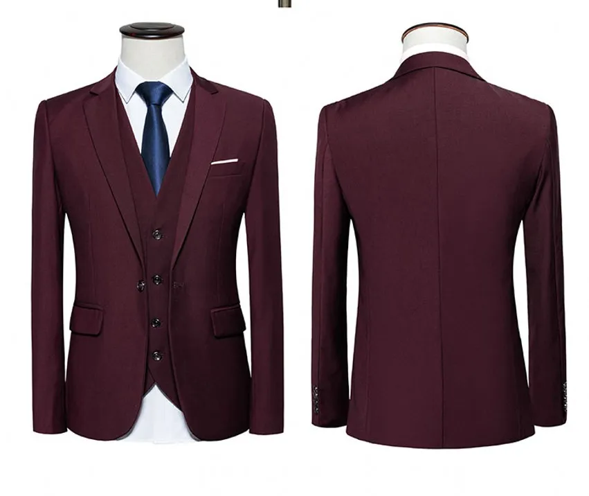 Brand New Burgundy Three Piece Groom Tuxedos Notch Lapel One Button Men Blazer Men Business Formal Prom Suit(Jacket+Pants+Tie+Vest) 1175