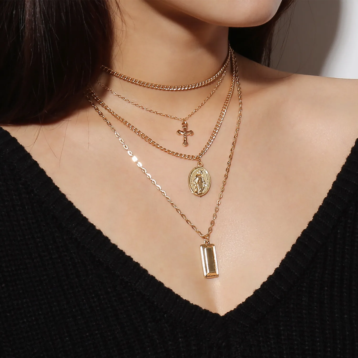Gold Bar Madonna Necklace Silver Gold Cross Multilayer Choker Necklace Pendants Fashion Jewelry for Women Will and Sandy