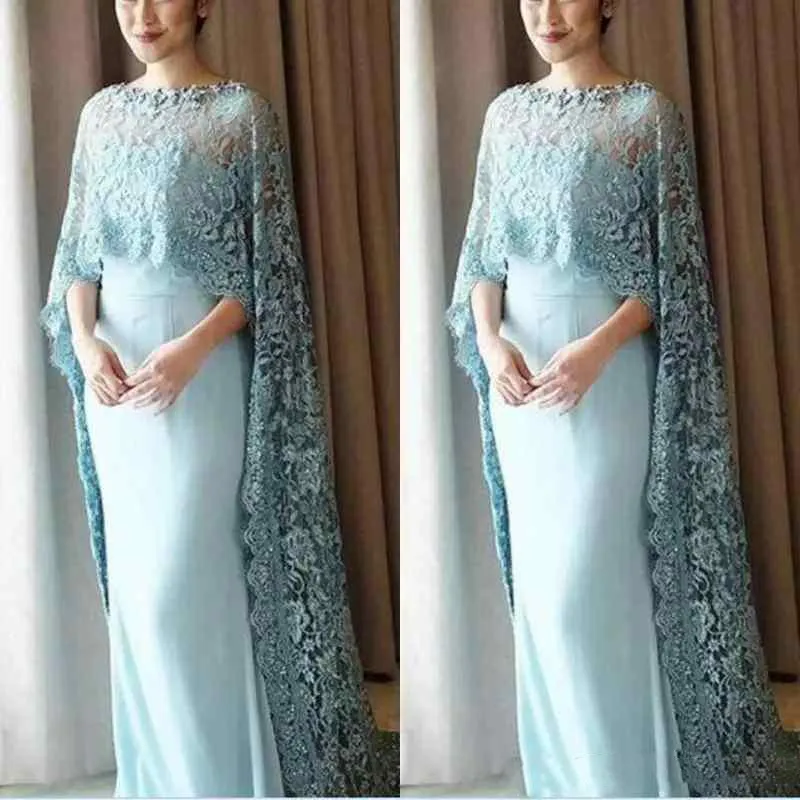 Robes mère de la mariée Style Cape en dentelle bleu clair, en mousseline de soie, longueur au sol, robe de bal sur mesure, robes de soirée, 2031