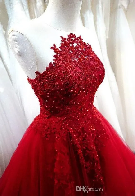 2021 Abiti da ballo rosso scuro sexy Illusion Appliques in pizzo Tulle con perline di cristallo Puffy Plus Size Abiti da festa formale Hollow Back Evening2075