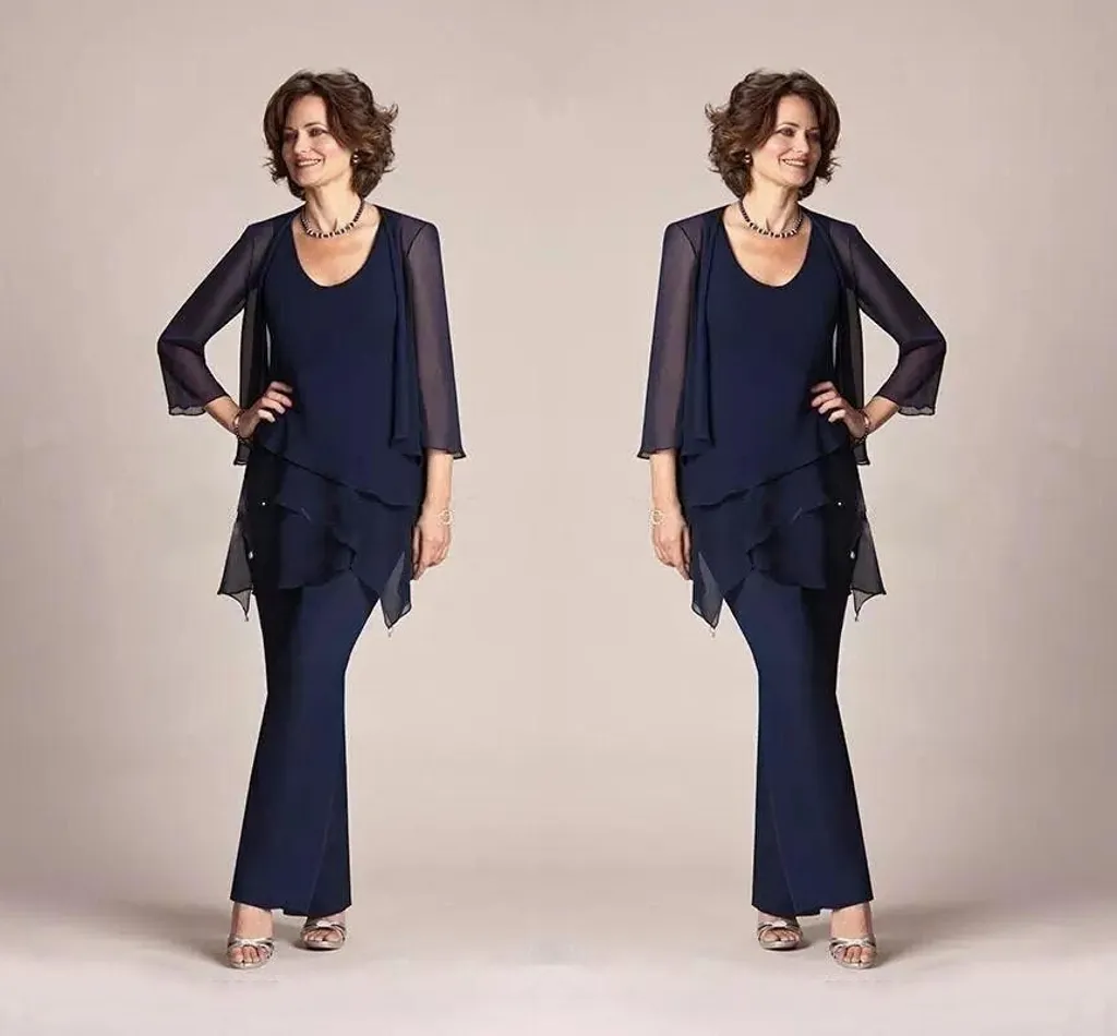 Navy Blue Mothers Dresses Chiffon Mother Of The Bride Pant Suits Long Sleeves Plus Size Three Pieces Formal Mother Dress With Jacket Evening Party Gowns From 116 39 DHgate