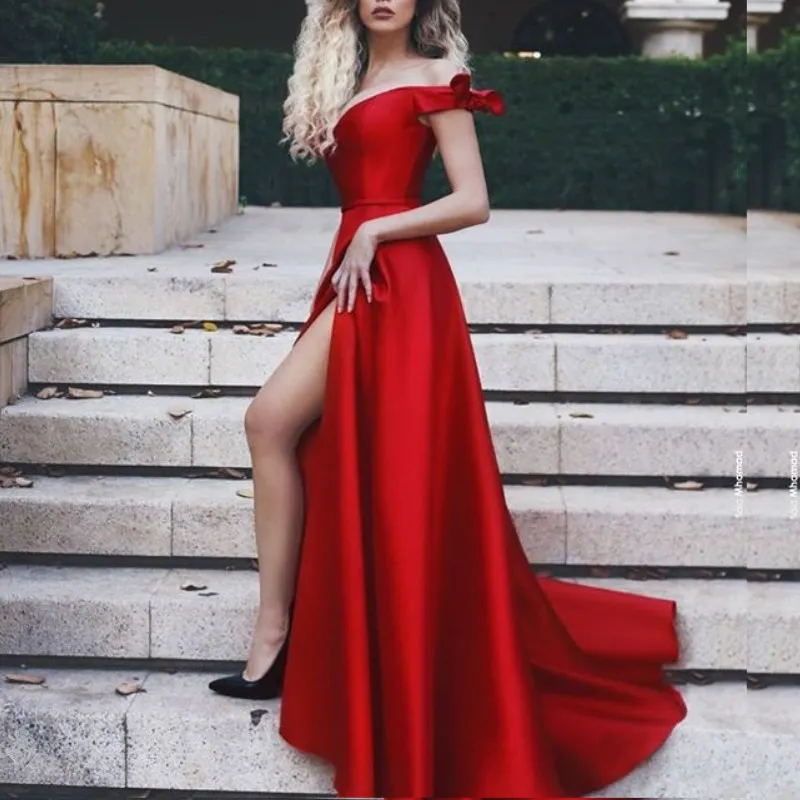 Robes de bal rouge foncé fendues sur le côté, sexy, épaules dénudées, fermeture éclair au dos, robe de soirée gracieuse en satin, ligne a, robe de bal 2018, robe de cocktail pas cher