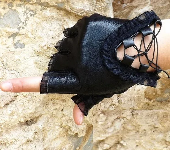 Gants sans doigts en cuir véritable noir pour femme, de 5 pièces, à la mode, pour la danse et le sport, GL12638