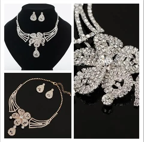 exquisite FLOWER Bridal Crystal Necklace White Rhinestones Mosaic Wedding Dress Jewelry Lady Earrings Necklace Jewelry Set