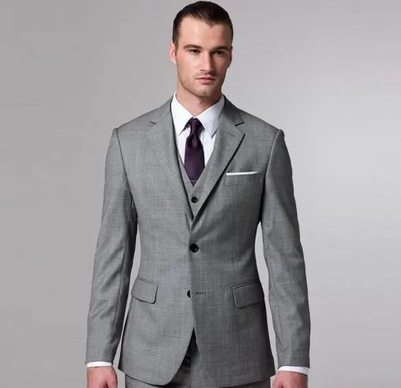 New Chegou Moda Homens De Negócios Ternos Cinza Claro Marca de Alta Qualidade Vestido de Casamento Formal Formal de Baile Para Homens (colete + Casaco + Calças) 2018