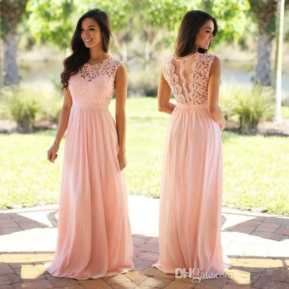 Rendas Chiffon A Linha País Da Dama de Honra Vestidos Jóia Pescoço Longo Convidado Do Casamento Vestidos Até O Chão Vestidos de Dama De Honra Blush Rosa