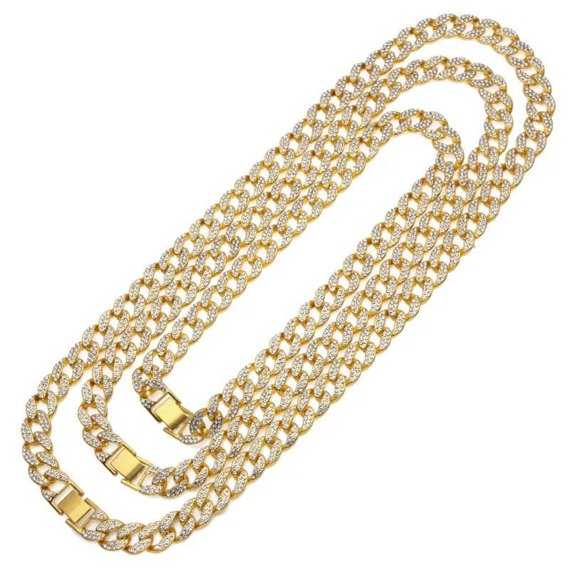 Men's Hip Hop Yellow Gold Color Full Rhinestone Simulated Diamonds Bling Bling 1.5cm 18inch/20inch/24inch/30inch Cuban Link Chain for Men