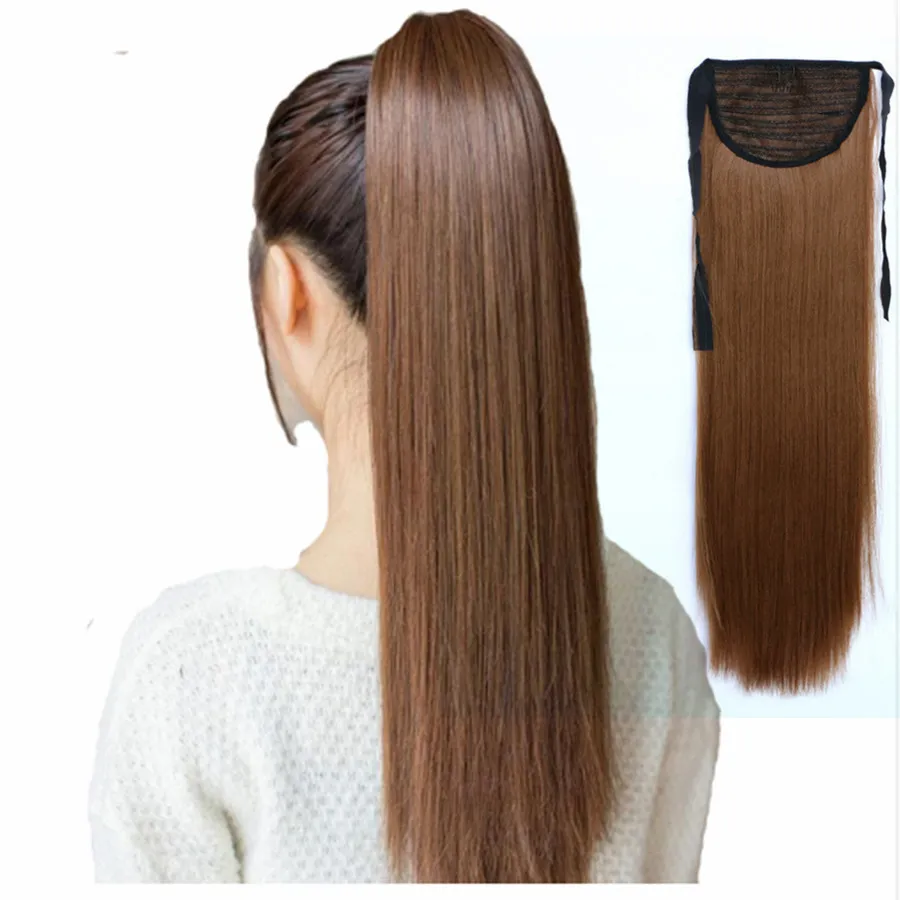Extensiones de cabello con cola de caballo para atar, postizo largo y recto, fibra sintética resistente al calor para mujer