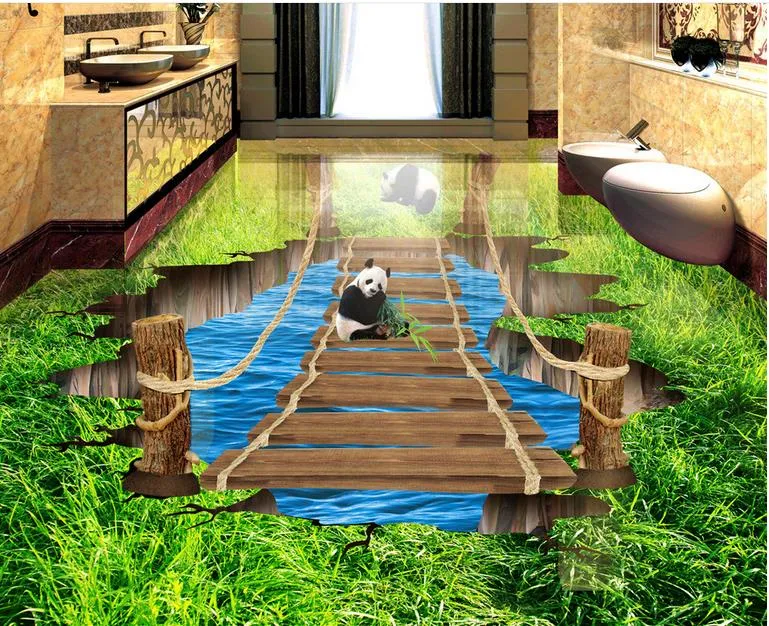 Vattentät PVC tapet trä bro gräsmark spricka 3d tredimensionell badrum vardagsrum golvplattor