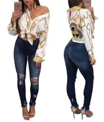 New Autumn Deep V Neck Full Long Sleeve Blouse Shirt Women Gold Chain Printed Tops Causal Female ClubWearTop Basic Shirt