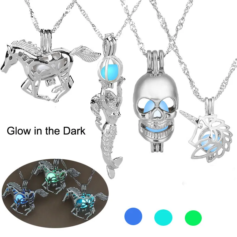 Luminous Glowing in the Dark Necklace Silver Horse Mermaid Skull Pendant Lockets chain women Fashion Jewelry will and sandy