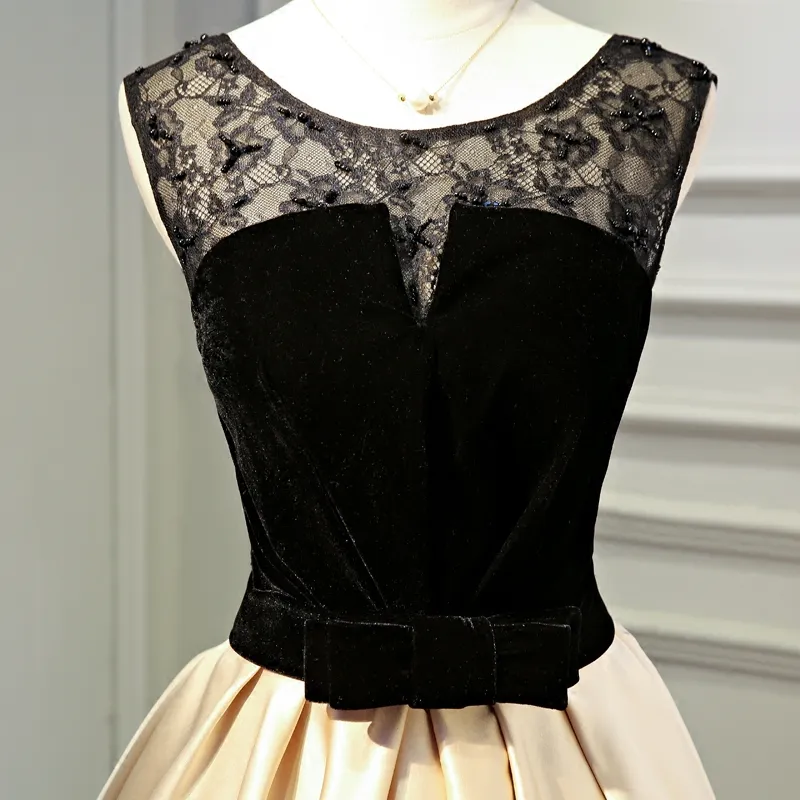 Элегантное темное шампанское с черным выпускным платьем Длина чая высокого качества атлас с бархатным кружевным платьем плюс размер вечернее платье