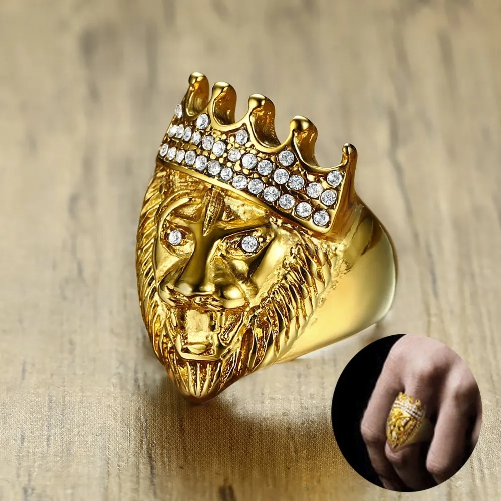 Men's Hip Hop Gold Tone Roaring King Lion Head and Crown CZ Ring for Men Rock Stainless Steel Pinky Rings Male Jewelry