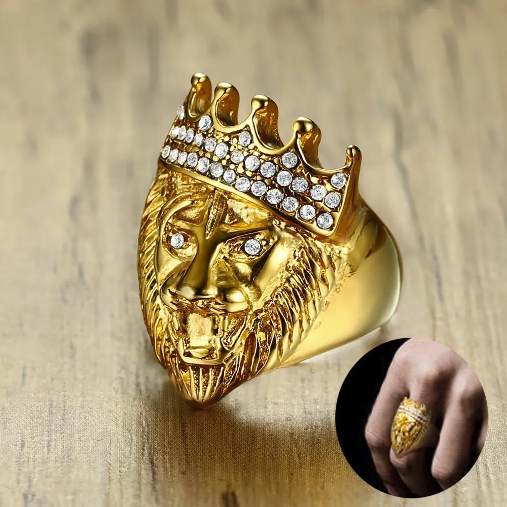 Männer Hip Hop Gold Ton Roaring King Löwenkopf und Krone CZ Ring für Männer Rock Edelstahl Pinky Ringe männlichen Schmuck