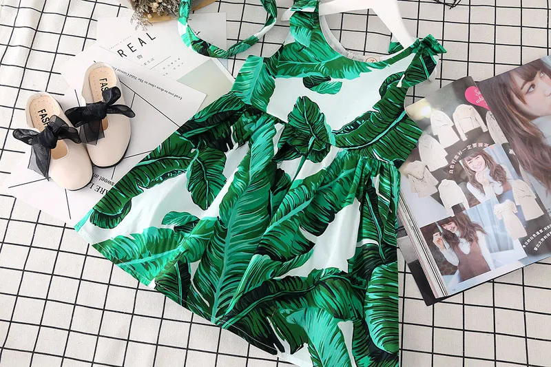 Baby Girls Green Leaf Print Beach Dress Dzieci Floral Banana Leaf Suspenden Princess Dress 2018 Lato Boutique Dzieci Odzież