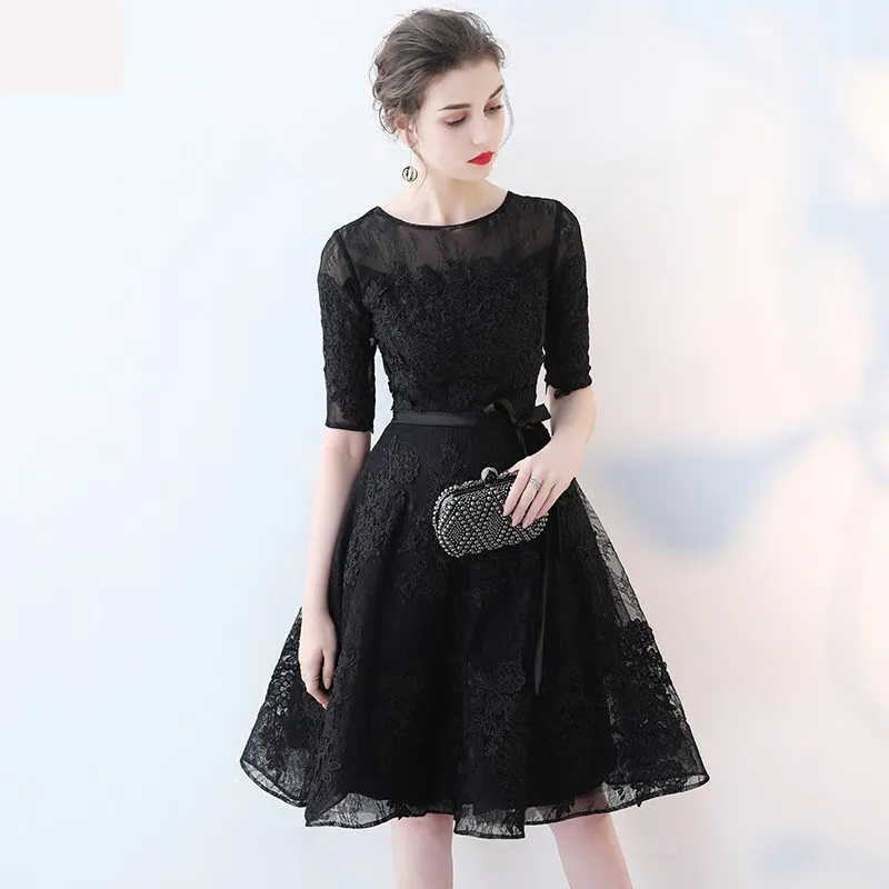 Black lace cocktail dress knee sales length