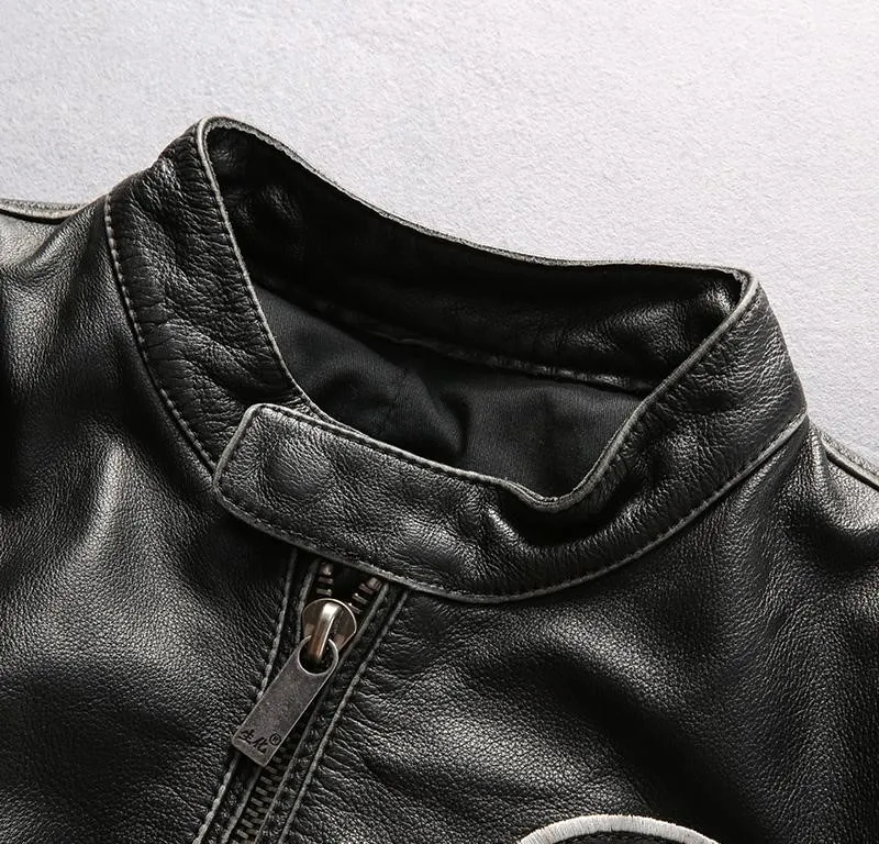 Black Stand Collar Fighting 41 Motorcycle Leather Jackets Hip Hop Men