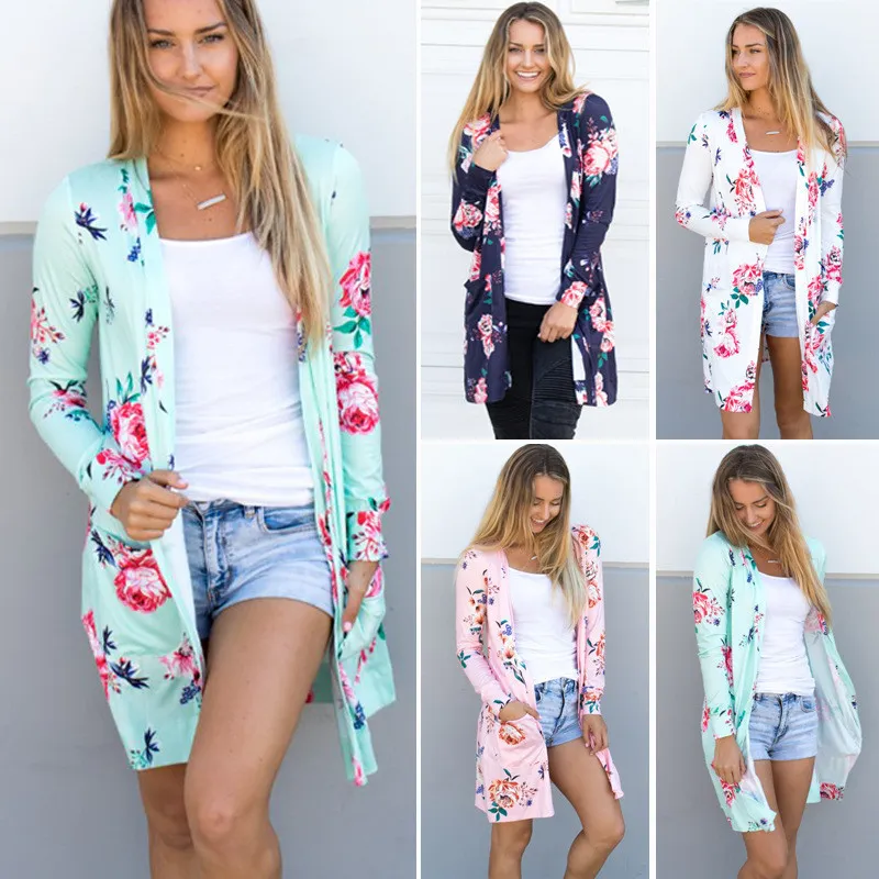 Spring Women Floral Cardigan US Europe Style Top Casual Contrast Long Sleeves Thin Outwear Coat Top Clothing For Sales