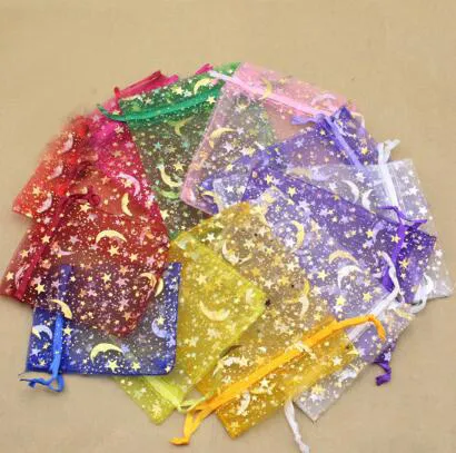 400 pièces sacs de fil bronzant sacs de bijoux cadeaux étoiles lune boucles d'oreilles Bracelet sac de rangement sacs de gaze colorée 7*9 CM
