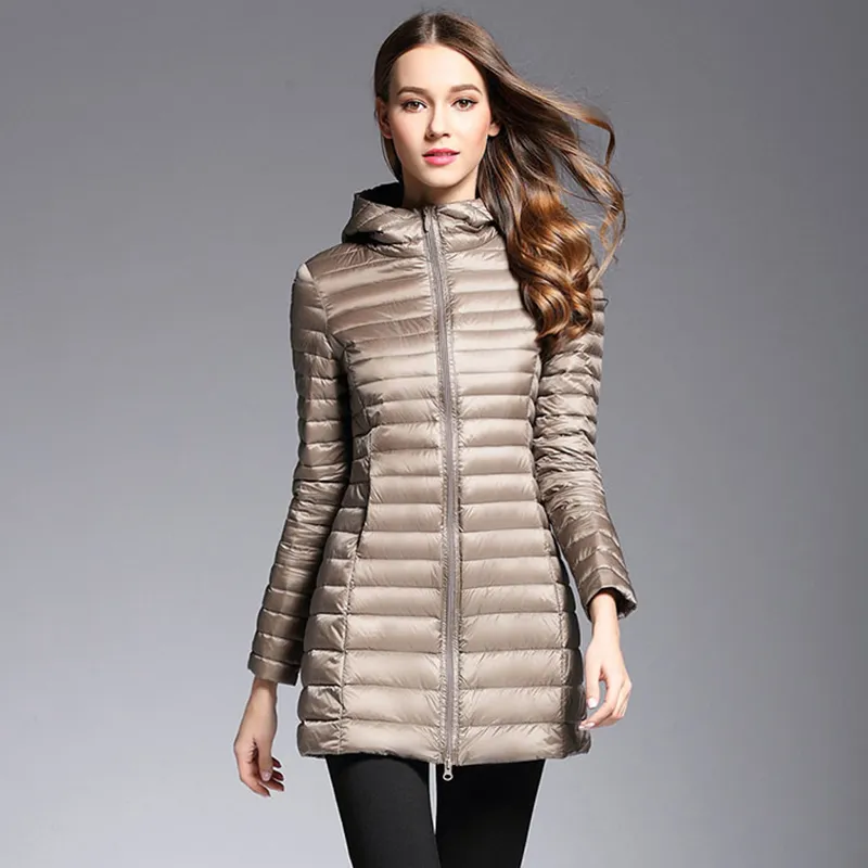 Akitsuma Long Down Jacket Women Winter Down Coats Ultra Light Jacket Quilted Hooded Coat