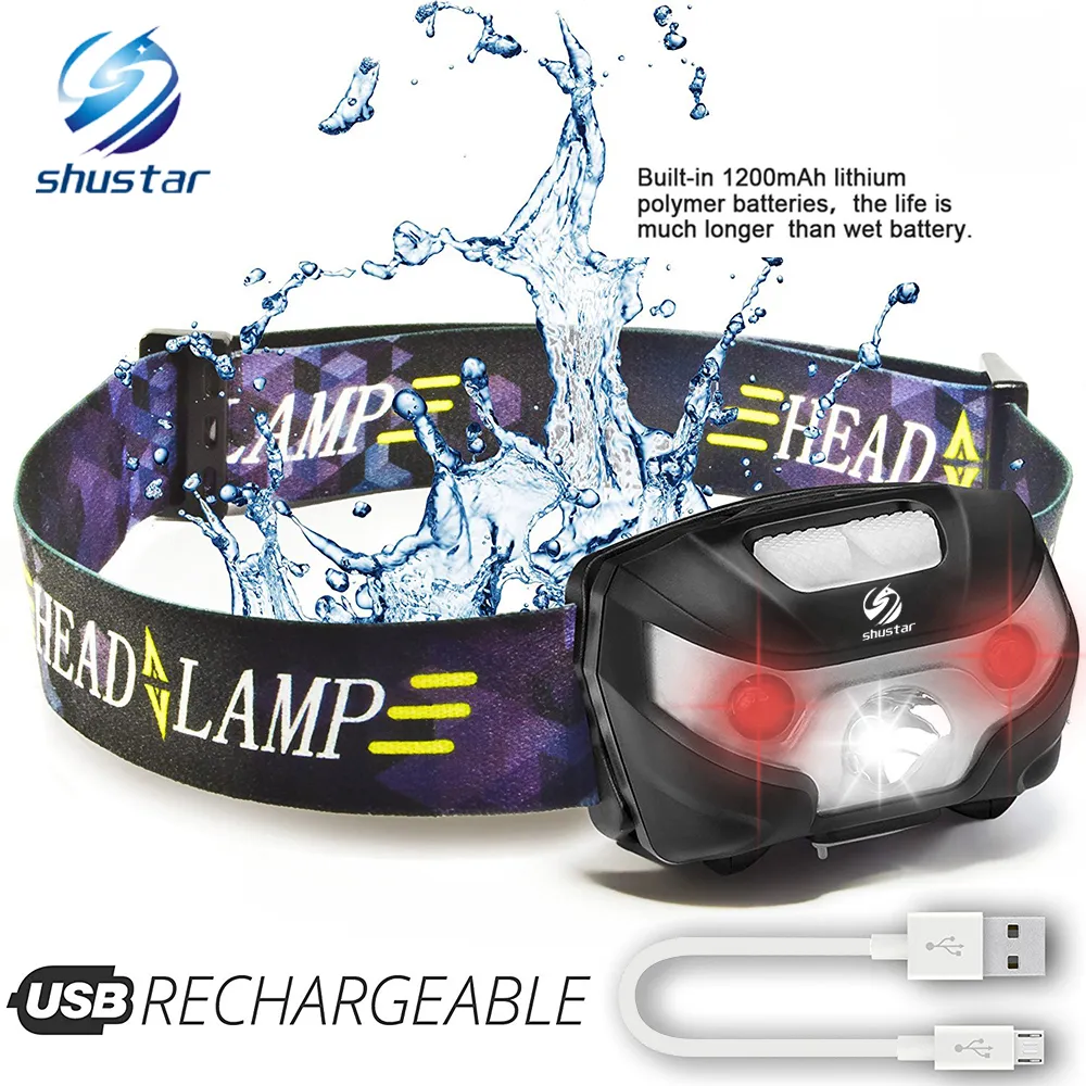 Shustar LED Headlamp Rechargeable Running Headlamps USB 5W strålkastare perfekt för fiske camping vandring med vita och röda lampor