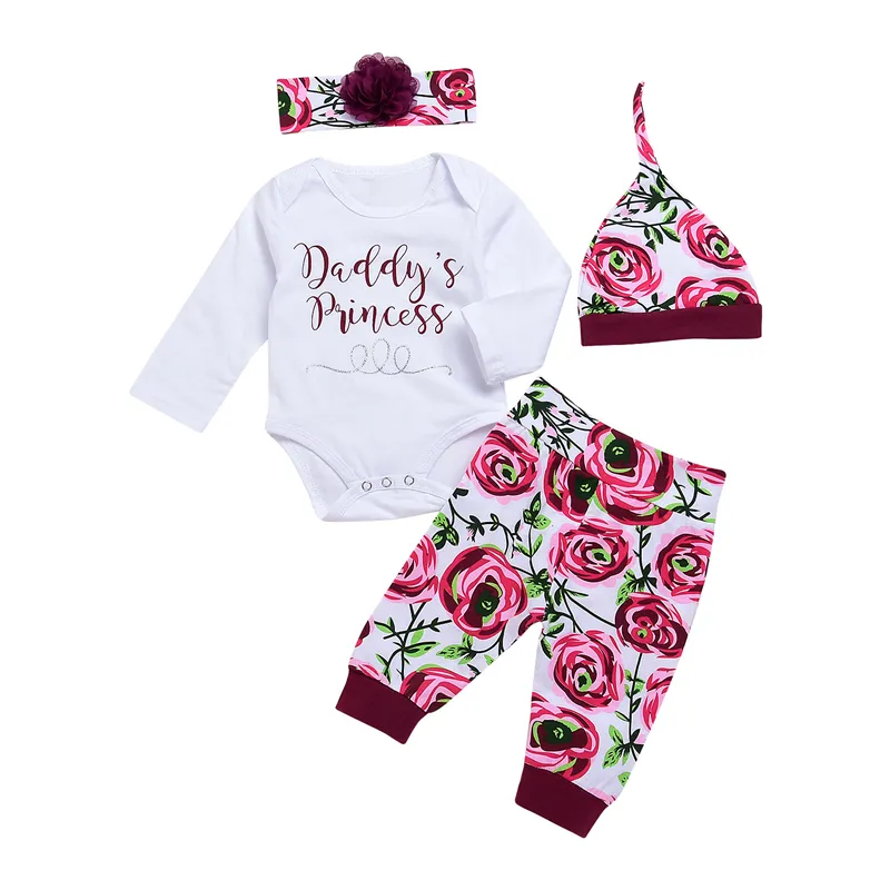 Baby Mädchen Rose Printing Bodys 4 Stück, Kleinkind Mädchen Langarm Strampler + Pants + Stirnband + Hut Neugeborenen Herbst Outfit Kleidung Set