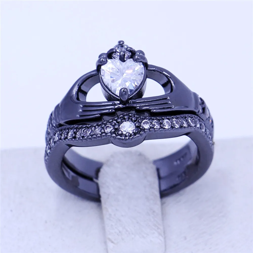 Moda claddagh anillo de la joyería anillos de la venda de boda fijado para las mujeres 5A Zircon Cz negro Gold Filled partido femenino del anillo de regalo de cumpleaños