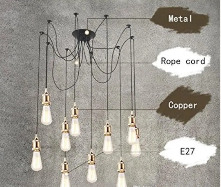 E26 E27 Rope Cord Copper Droplight Vintage Net Aranha Buckingham candelabro de teto Luzes criativa Bar Fada luminária