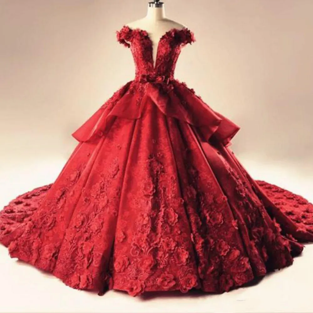 Glamouröse rote Spitze Brautkleider in Übergröße mit Blumenmuster, elegant, Saudi-Arabien, Dubai, Brautkleid, Ballkleid für die Braut