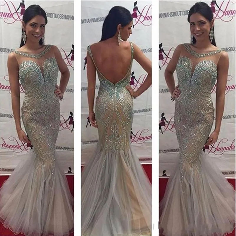 Bling Crystal Backless Mermaid Evening Dresses Long Beaded Tulle Champagne Prom Gowns Sexy Celebrity Pageant Dress Formal Wears