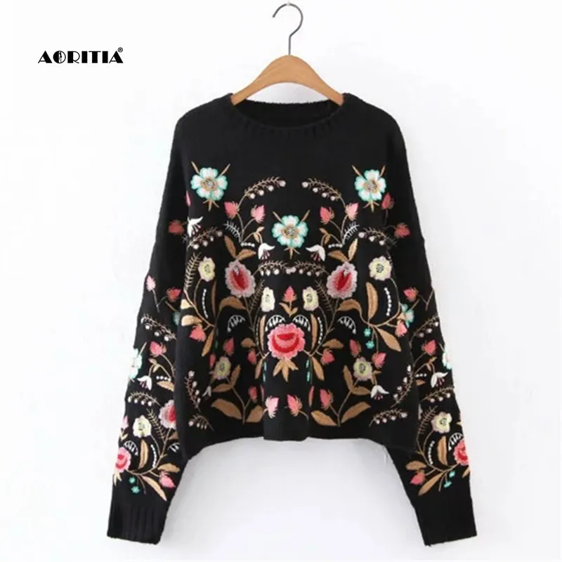 2018 automne hiver femmes pull mode broderie florale pull Streetwear chandails S118