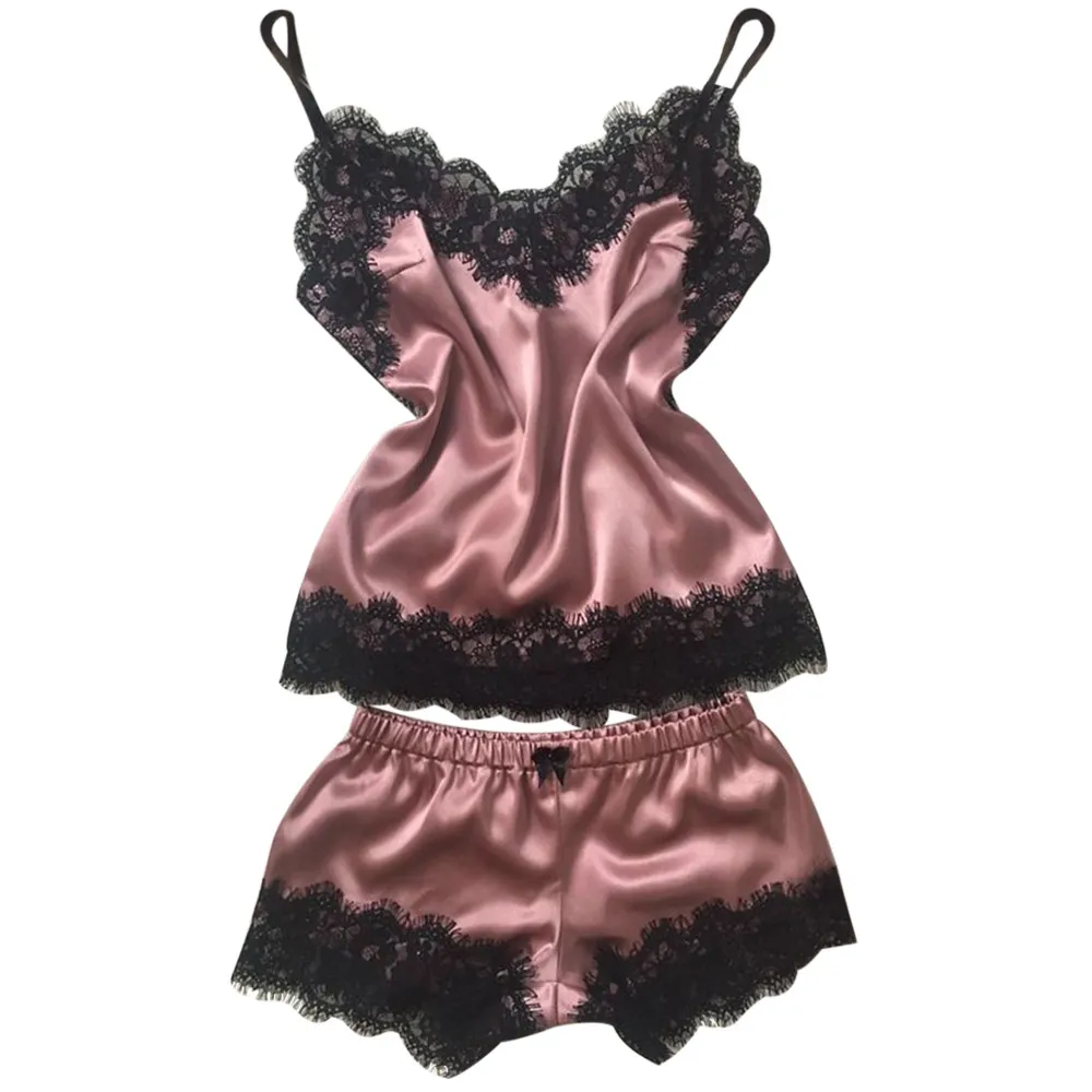 2018 Vêtements de nuit pour femmes chaudes Babydoll Lingerie Sexy Satin Pyjama Ensemble Noir Dentelle Col En V Pyjama Sans Manches Mignon Cami Hauts et Shorts