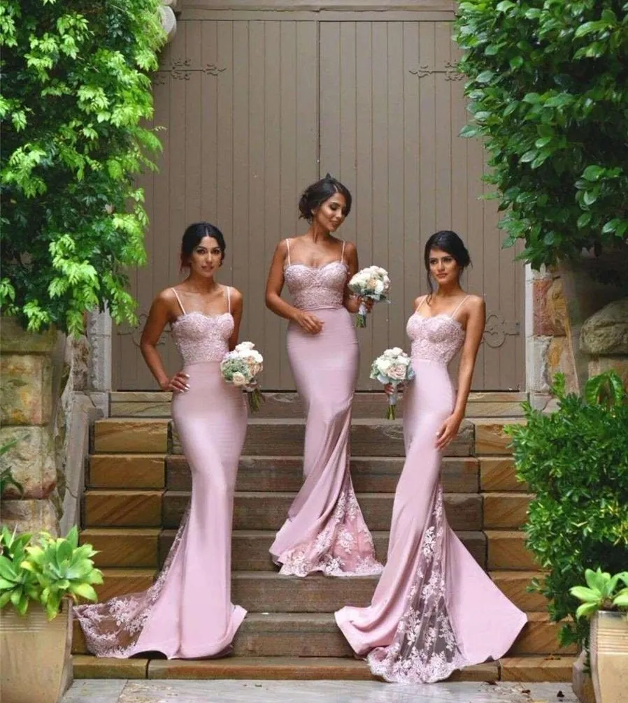 Blush Pink Bridesmaid Dresses Spaghetti Strap Sleeveless Mermaid Lace Junior Country Evening Dresses Long Maid Of Honor Dresses