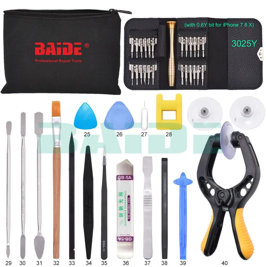 BAIDE 40 en 1 Kit d'outils de réparation d'ouverture d'écran de téléphone portable Tournevis Pince Pry Démonter ensemble d'outils pour Samsung Huawei iPhone Ttablet PC